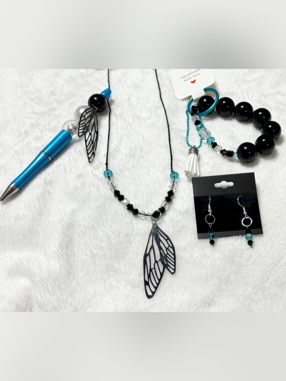 Handmade Black Wing Pendant Necklace, Sterling Silver Earrings, Keychain, & Pen